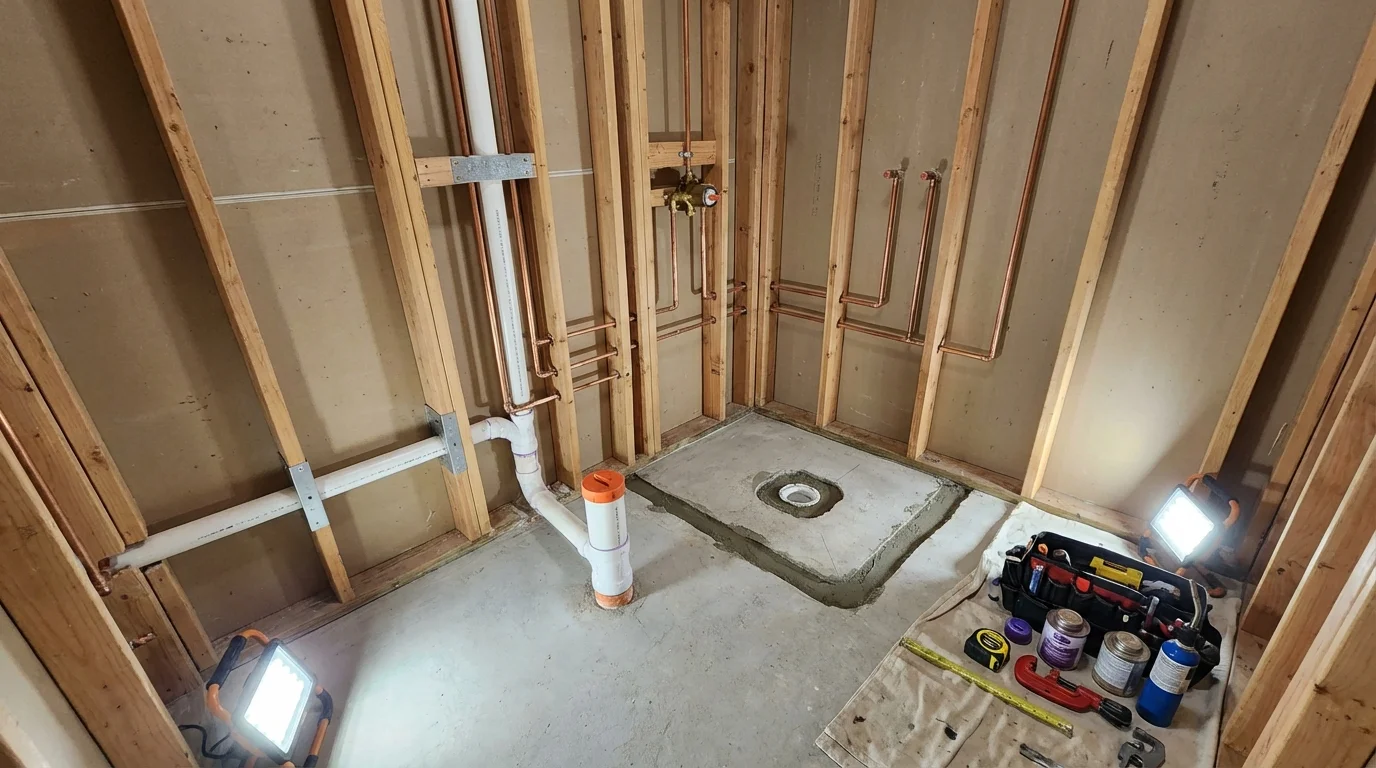 Bathroom rough-in plumbing during remodel by Johns Plumbing LLC in Hamtramck