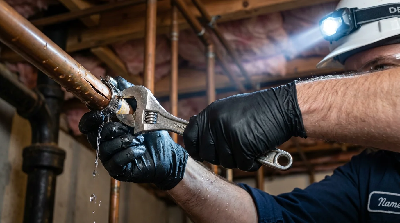 Emergency pipe clamp repair being performed by a Johns Plumbing LLC plumber in Hamtramck
