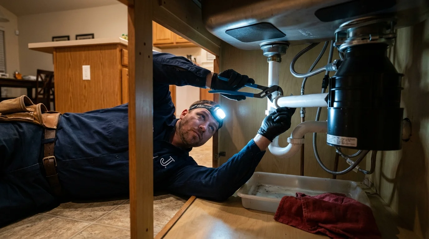 P-trap and supply line connections under a kitchen sink showing a common leak point in Hamtramck, MI